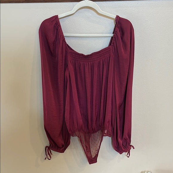 Intimately FREE PEOPLE Another Round bodysuit blouse smocked square neck wine Sm - Picture 2 of 16